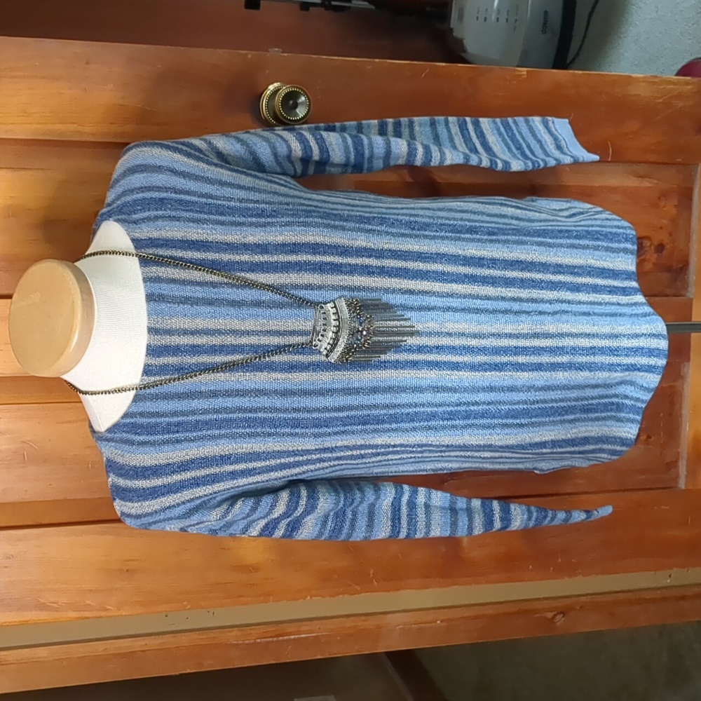 CHAPS* vintage blue/gray sweater striped long sleeve boat neck high quality